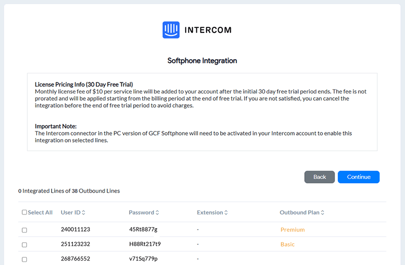 Intercom user ID and password