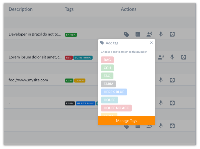 Creating and managing phone number tags through our control panel.