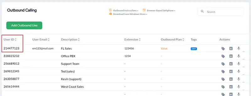 Outbound calling lines user ID