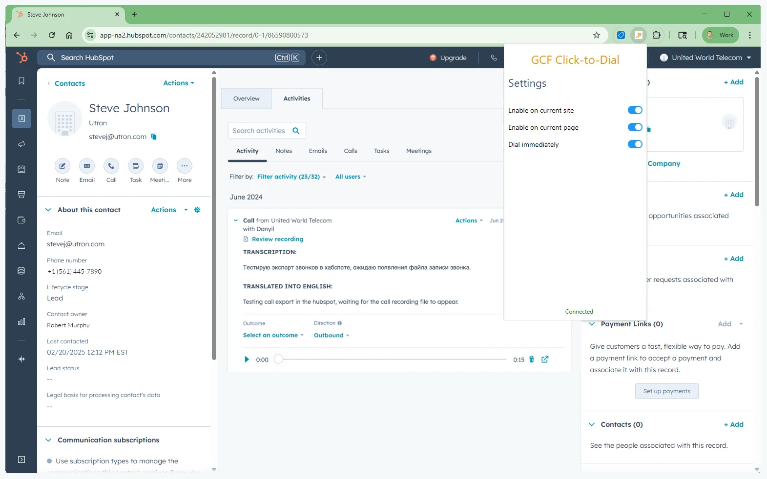 Hubspot activity and phone