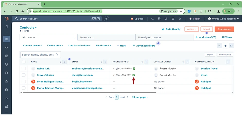 Hubspot contacts and click-to-dial