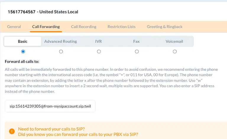 Twilio call forwarding tab