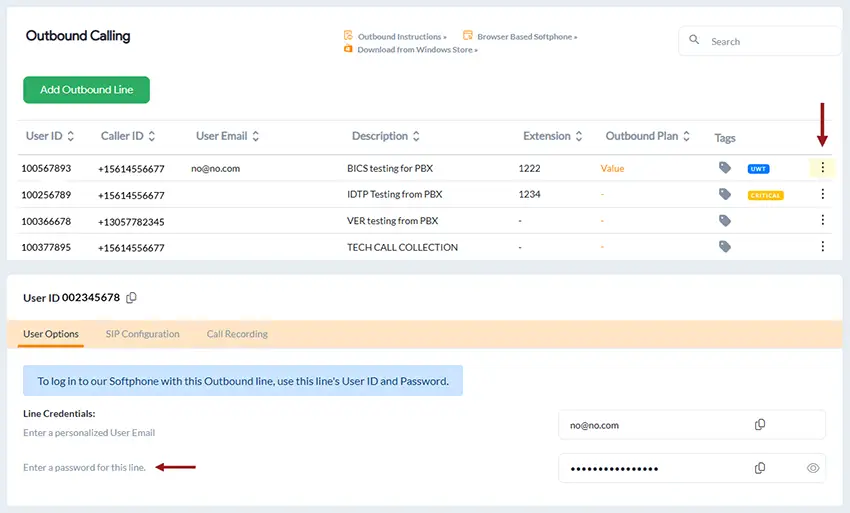 outbound ID and password