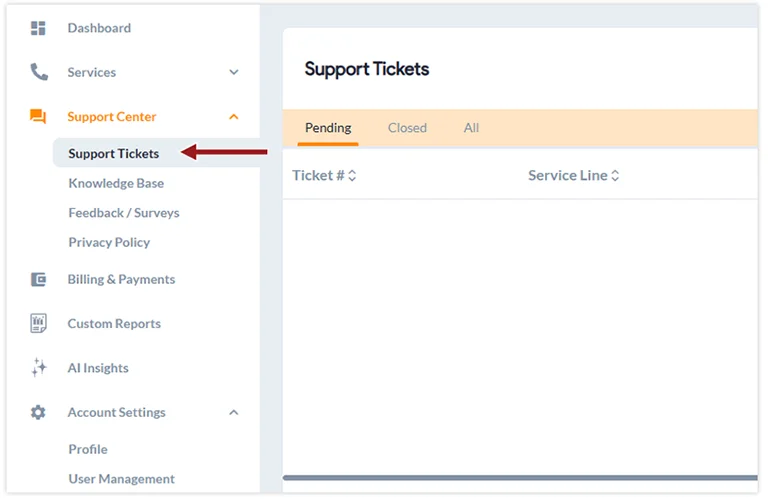 support ticket menu